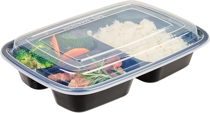 Restaurantware-Asporto 26 Ounce Compartment Take Out Boxes, 50 Microwavable Meal Prep Containers - 3 Compartments, With Clear Plastic Lids, Black Plastic Food Containers, Do Not Contain BPA