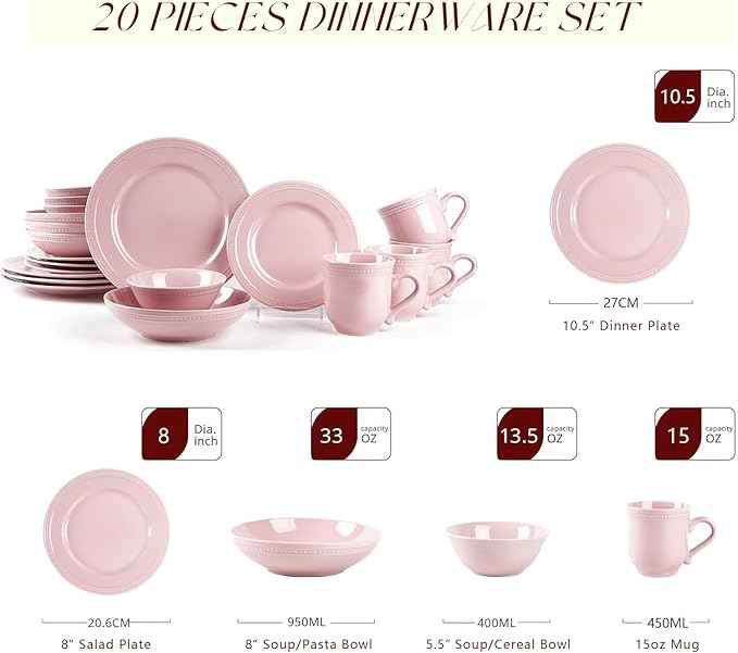 Pearl Dots Stoneware Dinnerware Set (20pc Set, Pink)