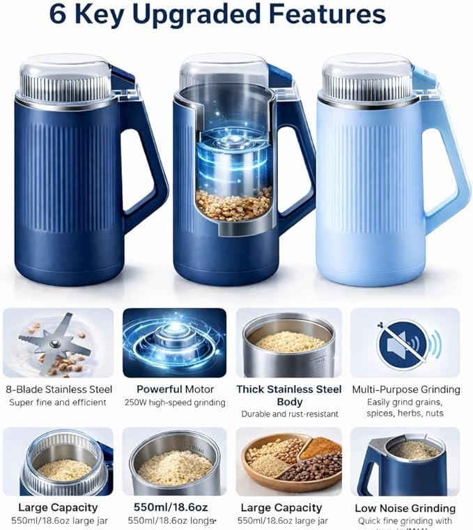 YZJSM Electric Coffee Grinder, 550ML Large Capacity Electric Blade Grinder with 8 Stainless Steel Blades, Multifunctional Grinder for Coffee Beans, Spices, Herbs, Grains & Baby Food﻿ (blue)