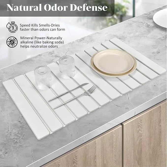 Large Stone Dish Drying Mats for Kitchen Counter, 28"(L)×16"(W), Fast Drying Collapsible Dish Drying Mat, Eco-Friendly Absorbent Diatomaceous Earth Mats for Dishes Bottles, Match Any Countertop