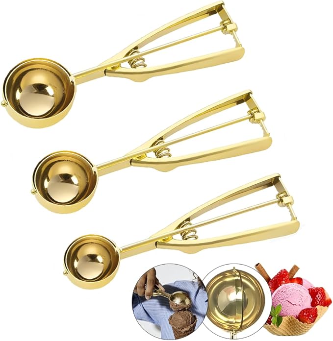 Gold Ice Cream Scoop 304 Stainless Steel Cookie Scoops for Baking Melon Baller with Trigger 3 Sizes (Gold, S)