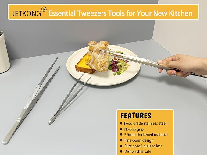 JETKONG 10 Inch Kitchen Tweezers Tongs Stainless Steel Cooking Tweezers Professional Chef Tweezers for Serving Food