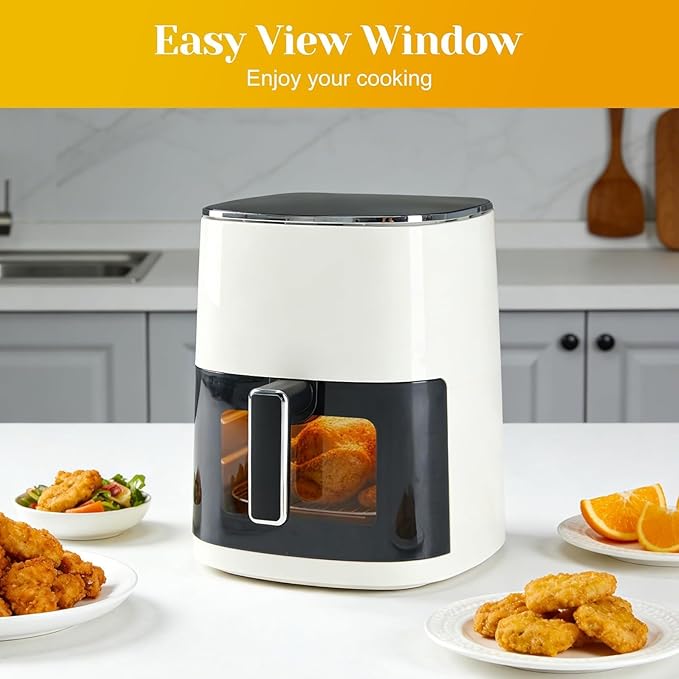 6-Quart Square Air Fryer with Viewing Window – 12-in-1 Multi-Function Appliance for Frying, Roasting, Baking, Steaming & Dehydrating, 400°F Maximum Temperature, Beige