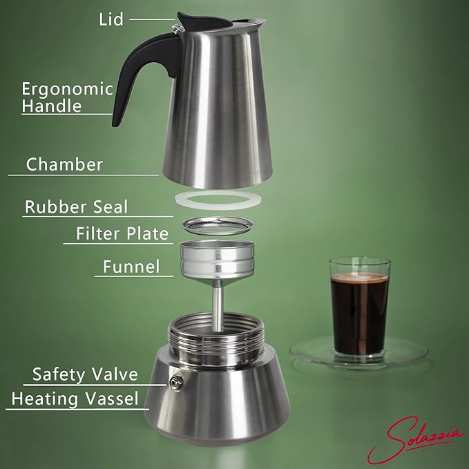 12 Cup Stovetop Espresso Maker Matte Stainless Steel Moka Pot Italian and Cuban Mocha Coffee Maker, Compatible with Gas, Electric, Ceramic, and Induction stovetops(20 fl oz/600 ml)