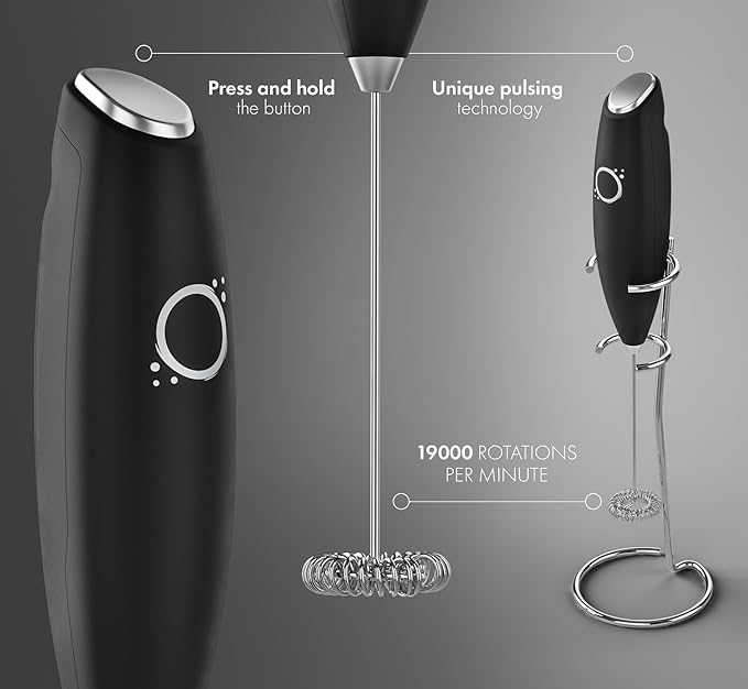 Unicoff Handheld Milk Frother with Stand – Electric Milk Frother for Coffee, Latte, Cappuccino & Matcha – Battery Operated Drink Mixer, BPA-Free Stainless Steel Whisk, Portable Mini Foam Maker (Black)