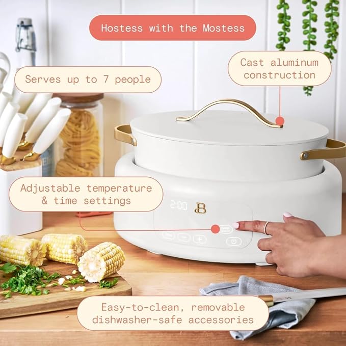 10-in-1 Electric Multi-Cooker, 6-quart, digital display, 10 cooking functions, non-stick pot, easy one-touch control (White Icing)