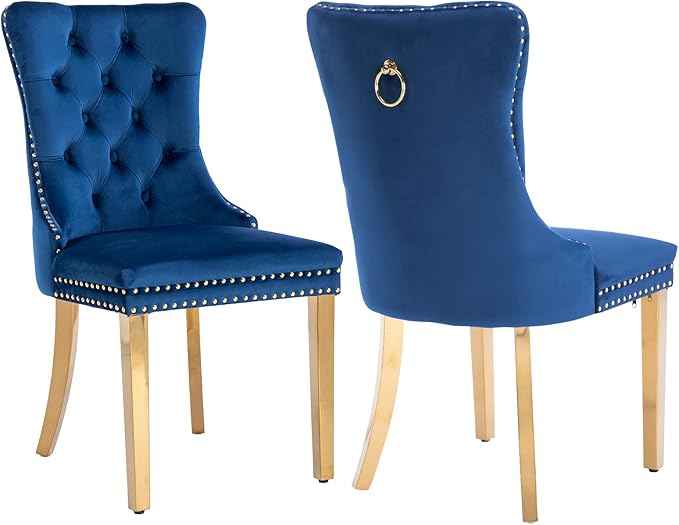 Blue Velvet Dining Chairs Set of 2, Kitchen Chairs Set of 2, Tufted Upholstered Dining Room Chair, Back Ring Pull Trim, Golden Stainless Steel Legs, Blue