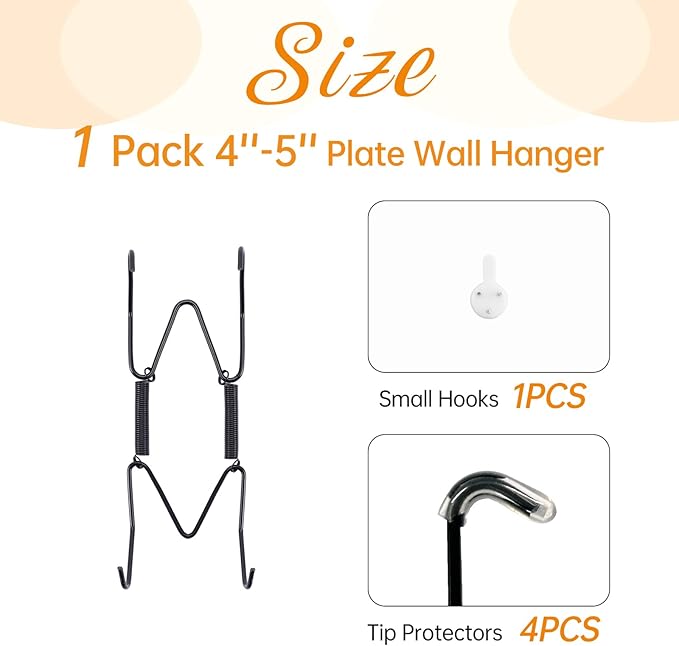 Plate Hangers for The Wall, Suitable for 4-5 inch Decorative Plate, Stainless Steel Wire Plate Holder with Wall Hooks and Rubber tip Protectors, Plate Hangers for Displaying Plates, Platter, Black