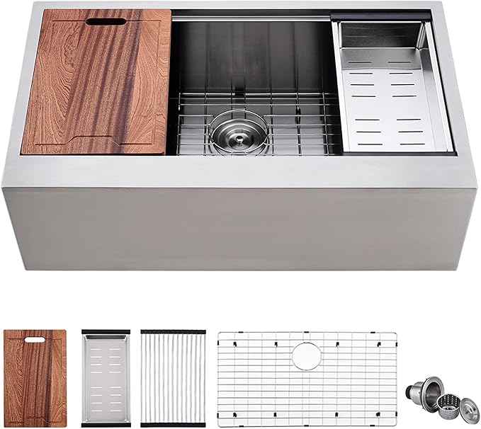 33 Inch Farmhouse Sink Workstation -VOKIM 33X22 inch Farm sink Stainless Steel 16 Gauge Ledge Workstation Flat Apron-front Single Bowl Farm Kitchen Sink