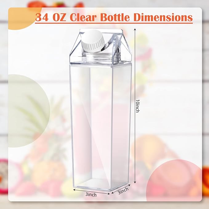 CHENGU Clear Milk Carton Water Bottle 1000 ml/ 34 Oz Portable Container Reusable Cute Plastic Milk Bottles for Juice Tea Jug Travel Camping Climbing Sports Outdoor Activities Drinking(2 Pieces)