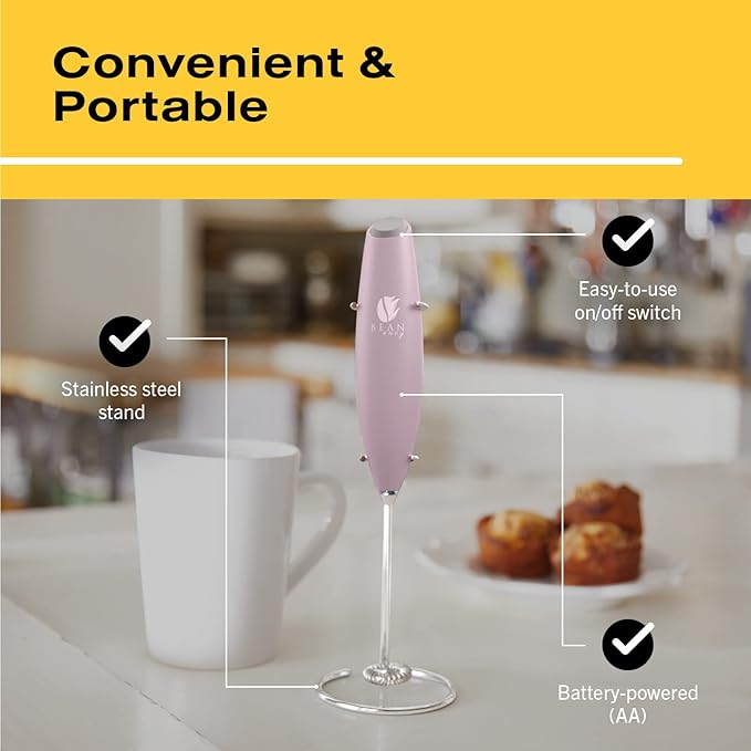 Bean Envy Milk Frother, Coffee Stirrers, Frother Wand, Milk Frother Handheld, Frother with stand, Hand Blender for Coffee, Lattes, Cappuccino, Matcha and Hot Chocolate – Kitchen Gifts - Pink
