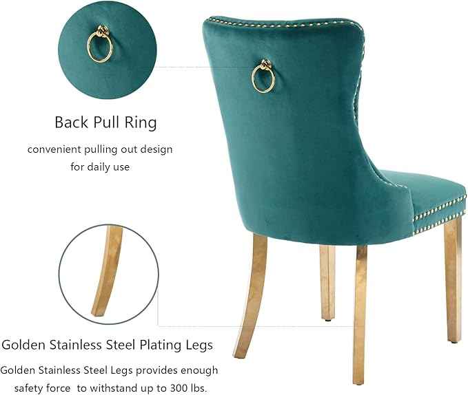 Velvet Dining Chairs Set of 2, Upholstered Dining Room Chairs with Back Ring Pull Trim and Golden Stainless Steel Legs,Tufted Wingback Chair Perfect for Dining Room,Living Room,Kitchen(Green)