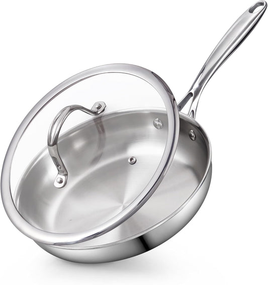 Cooks Standard Stainless Steel Frying Pan with Lid, 10-Inch Multi-Ply Clad Wok Stir Fry Pan, Kitchen Skillet, Silver