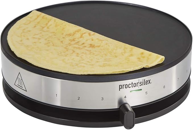 Proctor Silex Electric Crepe Maker with 13” PFAS-Free Nonstick Griddle for Eggs, Pancakes, Omelets and Quesadillas, with Temperature Control, Spatula, Spreader, Batter Cup, Stainless Steel (38400MN)
