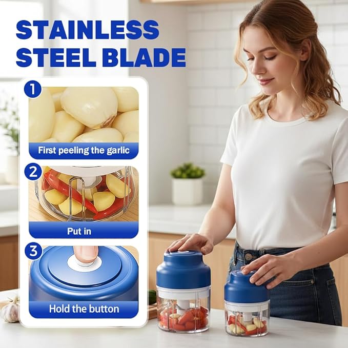 Electric Garlic Chopper, 2026 Upgraded Food Processor, USB Rechargeable Portable Wireless Veggie Chopper with 6 Stainless Steel Blades for Garlic Onion Chili Nuts Meat (blue, 320ml)