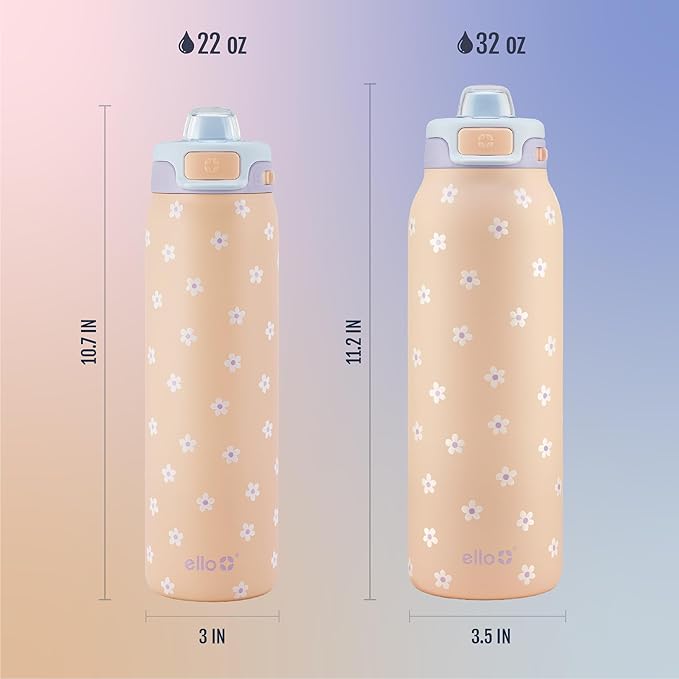 Ello Pop & Fill 32oz Stainless Steel Water Bottle with Quick Fill Technology, Double Walled and Vacuum Insulated Metal, Leak Proof Locking Lid, Sip and Chug, Reusable, BPA Free, Gloss Daisies