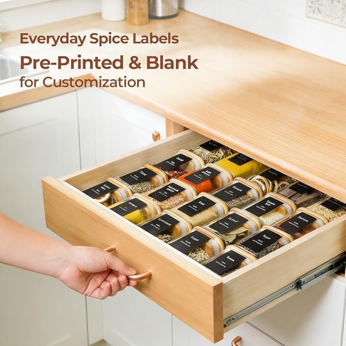 ComSaf 12Pcs Spice Jars with Labels, Glass Jar with Bamboo Lid, 10oz Airtight Square Containers with Black Lables, Empty Seasoning Jars for Spice, Salt, Pepper, Sugar