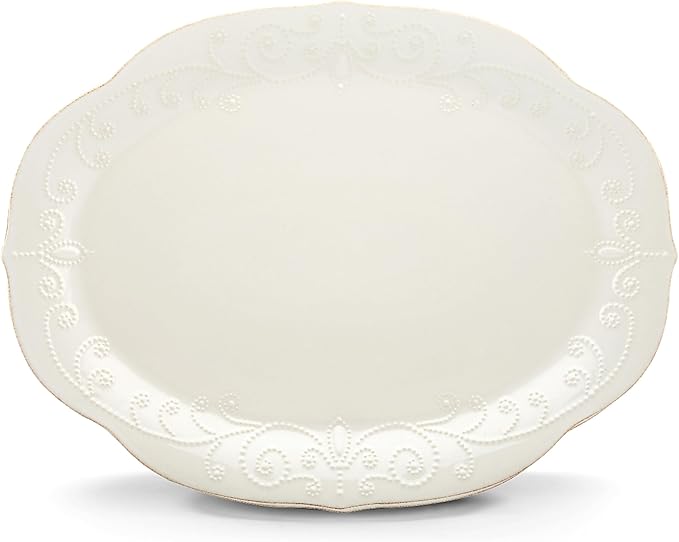 Lenox Serveware, Lenox French Perle White Serving Platter, Oval Shape, 16-Inch, Stoneware, Dishwasher Safe, Turkey Platter for Thanksgiving, Winter Hosting, Christmas Serving (White, 1 Piece)