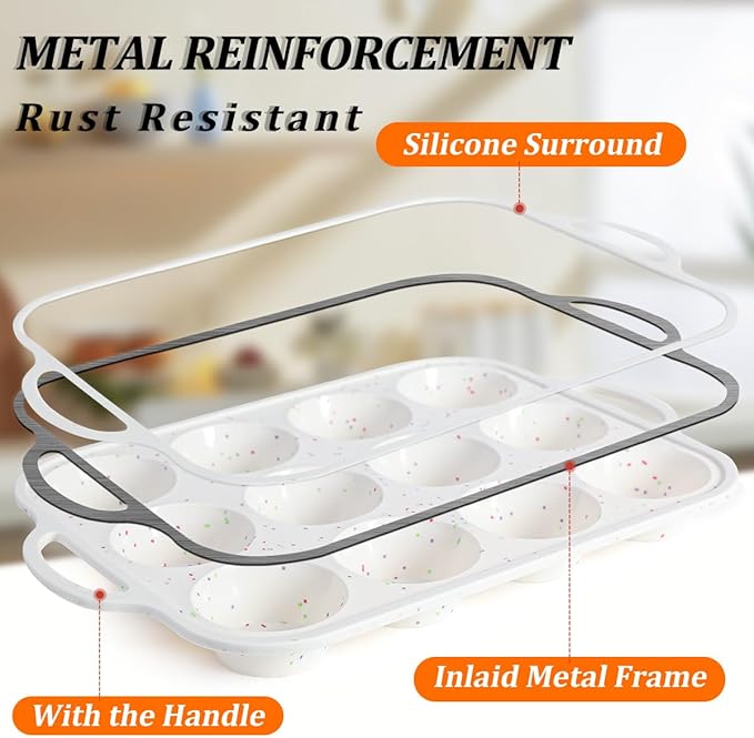 Silicone Muffin Pans for Baking, with Metal Reinforced Frame 2.8 Inch Regular Size Silicone Molds Nonstick 12 Cups for Baking Homemade Muffins, Cupcakes, Egg Bites 2 Pack Dishwasher Safe BPA Free