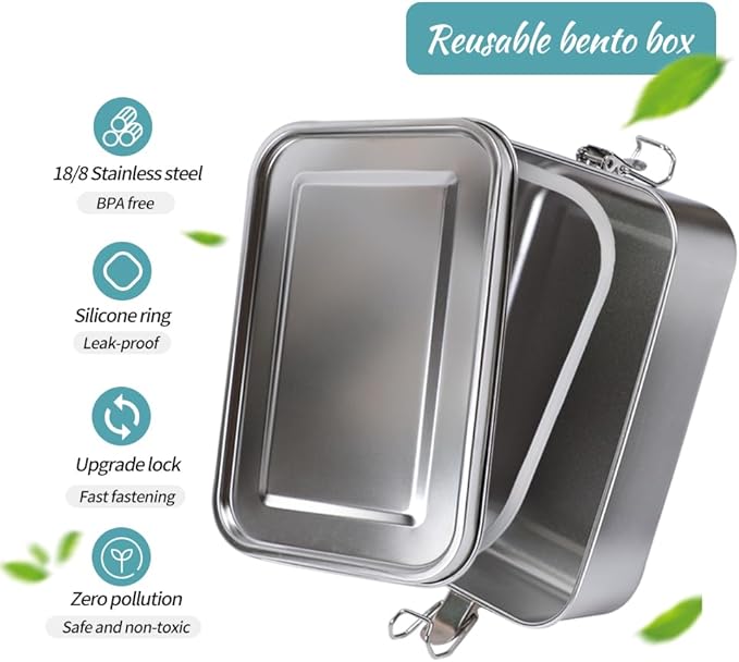 3-Pack 850ml (28.7 oz) Stainless Steel Bento Lunch Box Containers with Lids - Waterproof Metal Food Storage - Snack Prep Trays and Tiffin Carriers