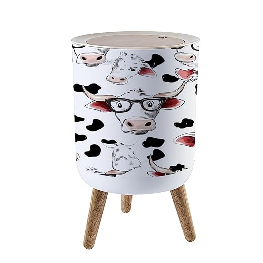 Trash Can with Lid Seamless Pattern Funny White Cow Pretty Cow Bow Press Cover Round Small Garbage Bin with Wooden Legs Waste Basket for Kitchen Bedroom Nursery 7L/1.8 Gallon