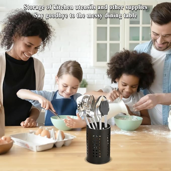 Evanda Kitchen Utensils Holder for Countertop Pack of 2, Stainless Steel Black Utensils Caddy, Farmhouse Stylish Organizer and Kitchen Decor Utensil Crock, Gift for New House New Apartment