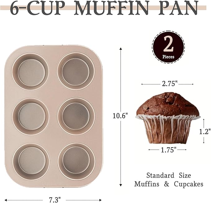 2-Pack Non-Stick Muffin Pan Set — 6-Cup Carbon Steel Baking Pans for Perfect Muffins & Cupcakes, Golden Easy-Release Surface, Even Heat Distribution, Dishwasher Safe