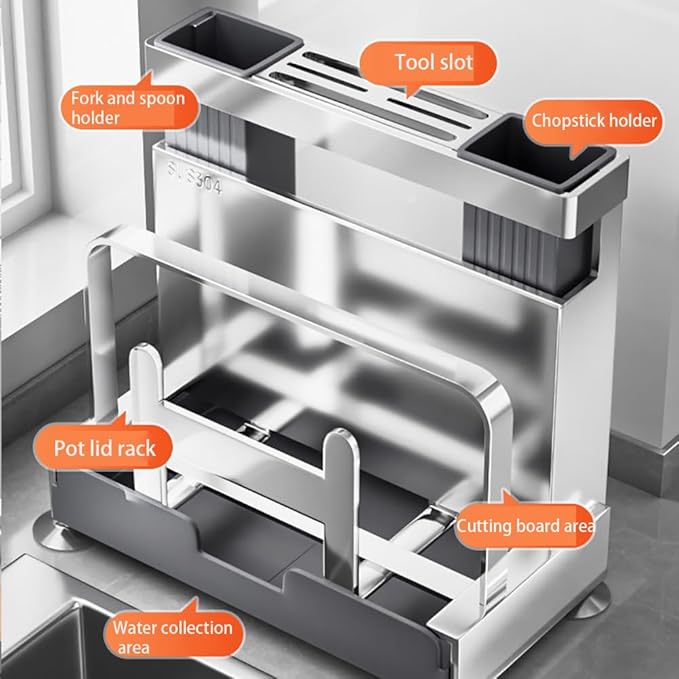 Multifunctional Cutting Board, Knife Drying Rack Kitchen Countertop Pot Lids Organizer, Knife Block Holder with Drain Tray Utensil Holders Bakeware Cookware Chopping Board Storage Stand