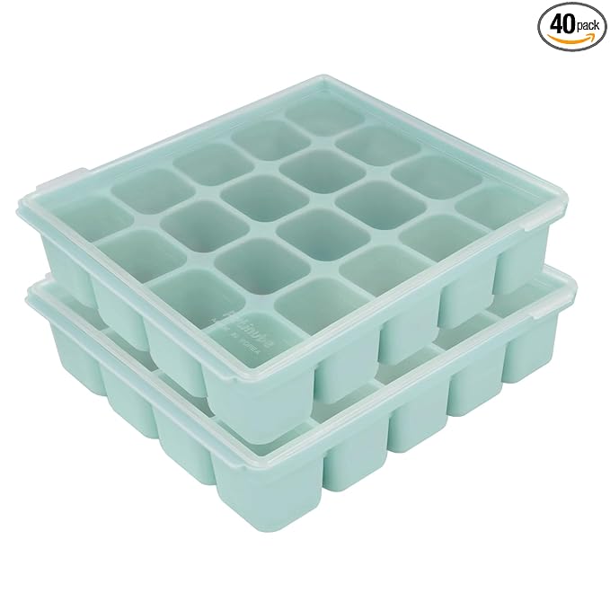 Baby Food Storage Silicone Cubes with Clip-On Lid Freezer Tray Baby Food Soups Purees Ice Safe Design Made in Korea (20cubes 0.8oz, Ocean Blue Set of 2)