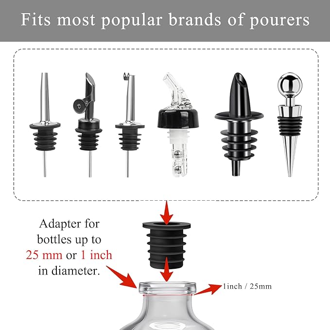 48-Pack Liquor Bottle Pourers with Adapters, Liquor Pour Spout Adapters set for for Large Olive Oil Bottles and Liquor Bottles - Up to 1 Inch/25mm Neck Converts Spout into a Large Pour Spout Silver