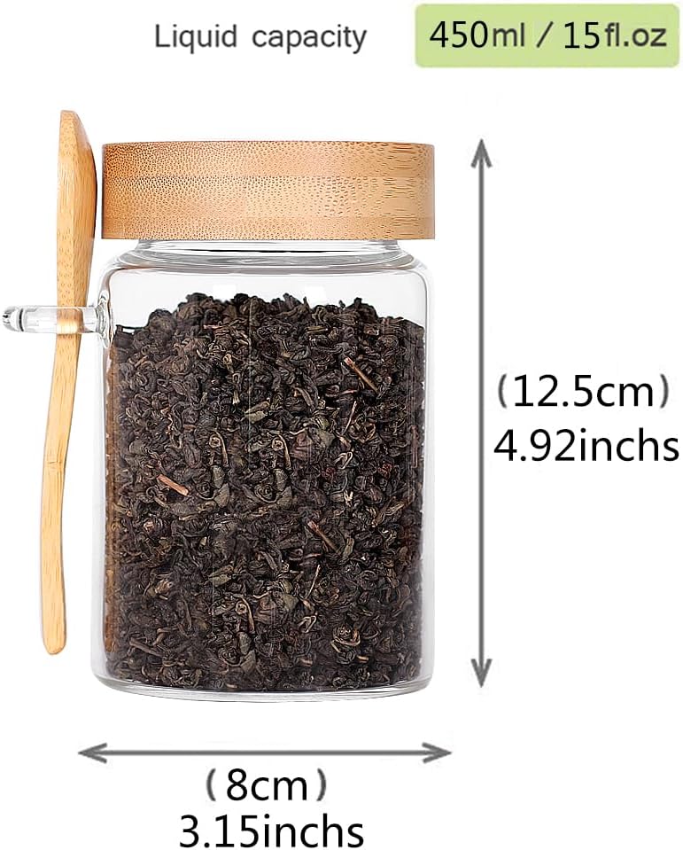 Glass Jar with Screw Lid and Spoon, 6 Pack16 OZ Tea Containers for Loose Leaf Tea, Salt and Sugar Containers for Countertop, Yogurt Jars for Overnight Oatmeal