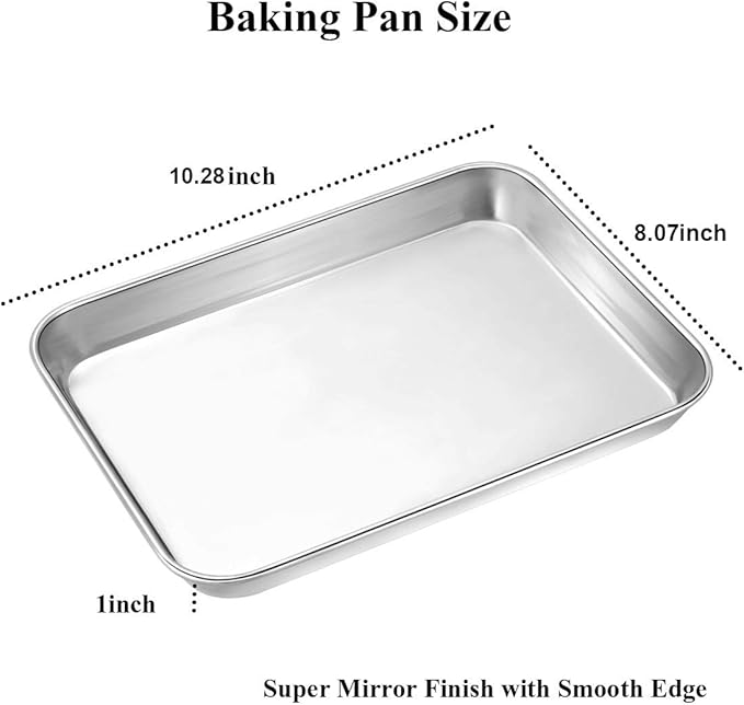 Wildone Baking Sheet Set of 2 - Stainless Steel Cookie Sheet Baking Pan, Size 10 x 8 x 1 inch, Non Toxic & Heavy Duty & Mirror Finish & Rust Free & Easy Clean