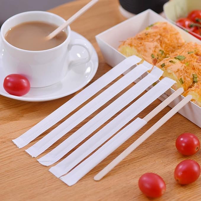 MFJUNS 500pcs Individually Wrapped Wooden Coffee Stirrers - 5.5" Coffee Stir Sticks, Round End Disposable Stir Sticks, For Coffee, Cocktail and Hot Drinks
