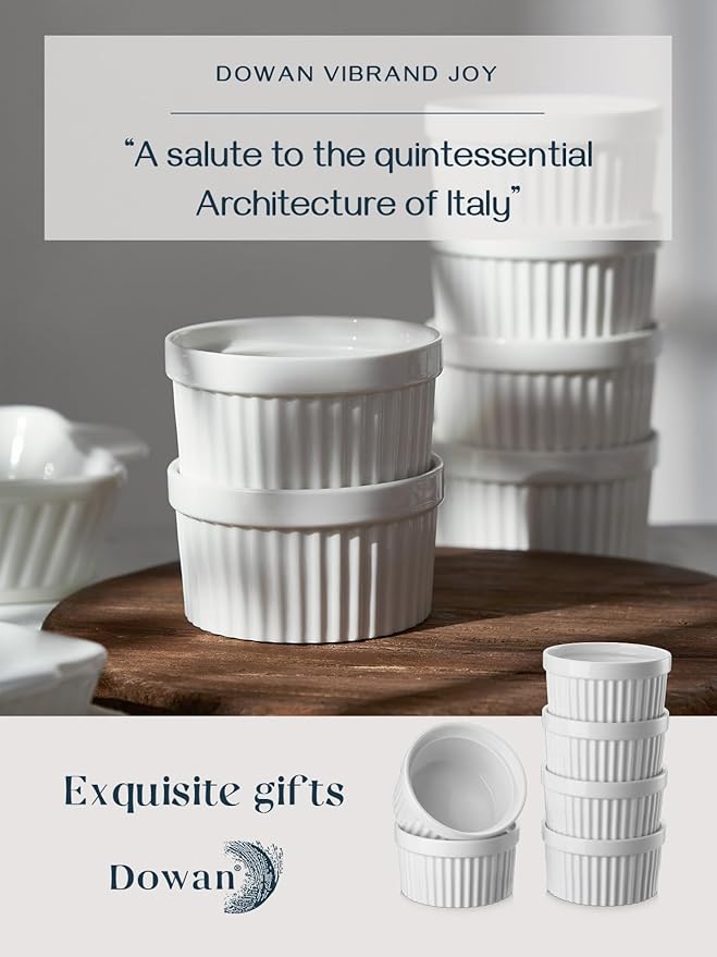 DOWAN Ramekins 10 oz Oven Safe for Creme Brulee, Porcelain Souffle Dishes, Ramekin for Baking, Small Dessert Bowls Dipping Sauce Cups, Set of 6, Soft White