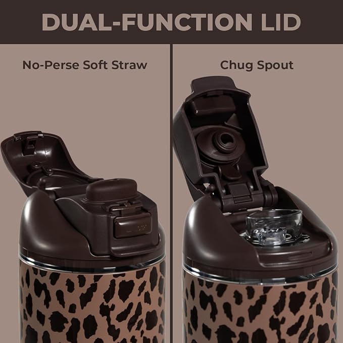 HydroJug Ease2o Water Bottle with Straw & Chug Lid, Stainless Steel, Vented Cap to Help Reduce Pressure, Water-Level Window, Cup Holder Friendly, Non-Slip Base – 24oz, Brown Leopard