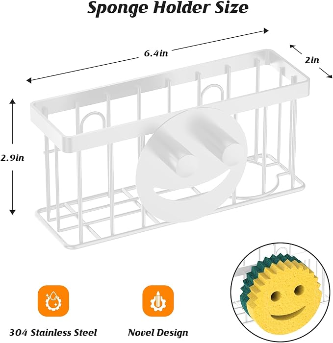 Sponge Holder Smiley Face,Sink Caddy,Kitchen Organizer with 2 Suction Cups/1 Adhesive Strips,Designed for Sponge,Soap,Dish Brush,Scrubber - White