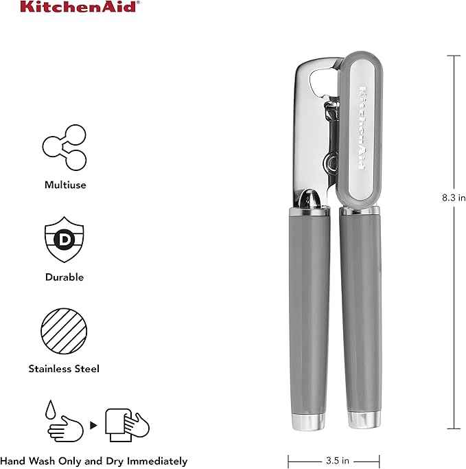 KitchenAid Classic Multifunction Can Opener and Bottle Opener Easy to Use, Razor Sharp Stainless Steel Cutting Wheel, Soft Ergonomic Handles, Gray