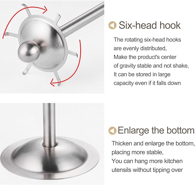 Firlar Kitchen Utensil Holder Organizer, Stainless Steel Kitchen Hooks Rack Kitchen Utensil Stand Countertop 360 Degree Rotating Utensil Holder with 6 Hooks for Kitchen Tabletop