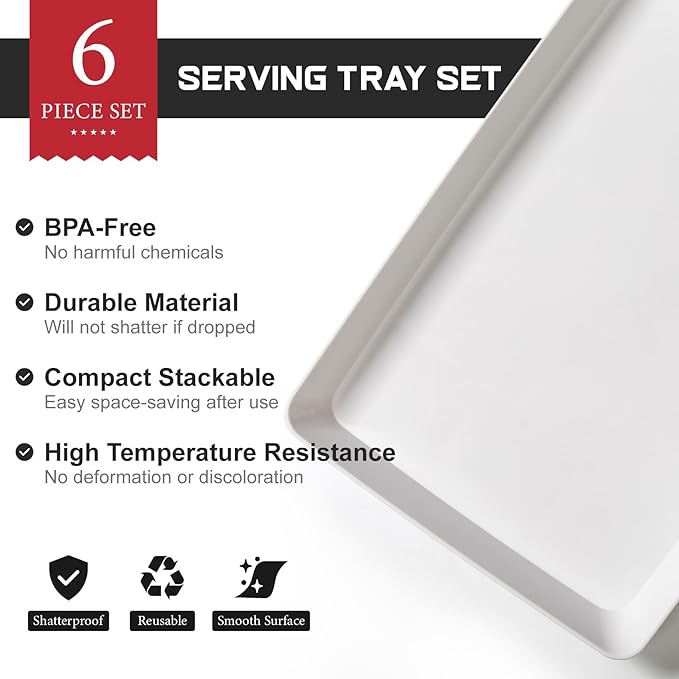 6 Pack, 16" x 11" Large White Serving Trays Set - Reusable Plastic Serving Platters for Cookie, Appetizer, Charcuterie, Snack, Dessert, Party Food Display - Stackable Kitchen CounterTop Tray, BPA Free