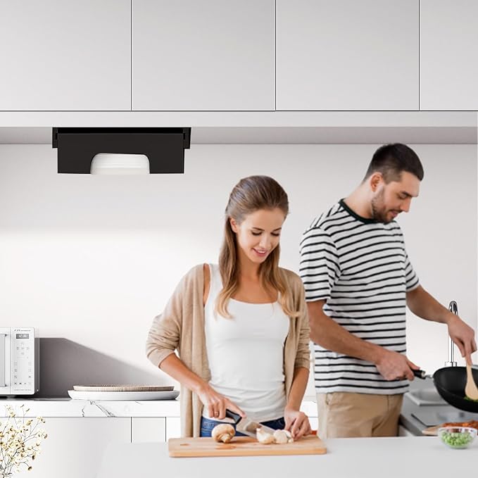 Paper Plate Dispenser Under Cabinet - 10 inch Bamboo Paper Plate Dispenser, Kitchen Counter Vertical Holder Organizer Countertop Caddy Black