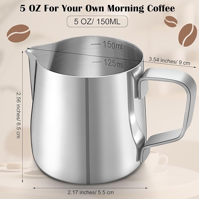Honeydak 9 Pcs Milk Frothing Pitcher 304 Stainless Steel Steaming Pitchers for Coffee Bar Cappuccino Barista Tools Milk Jug Steamer Frother Cup (5 oz,Silver)