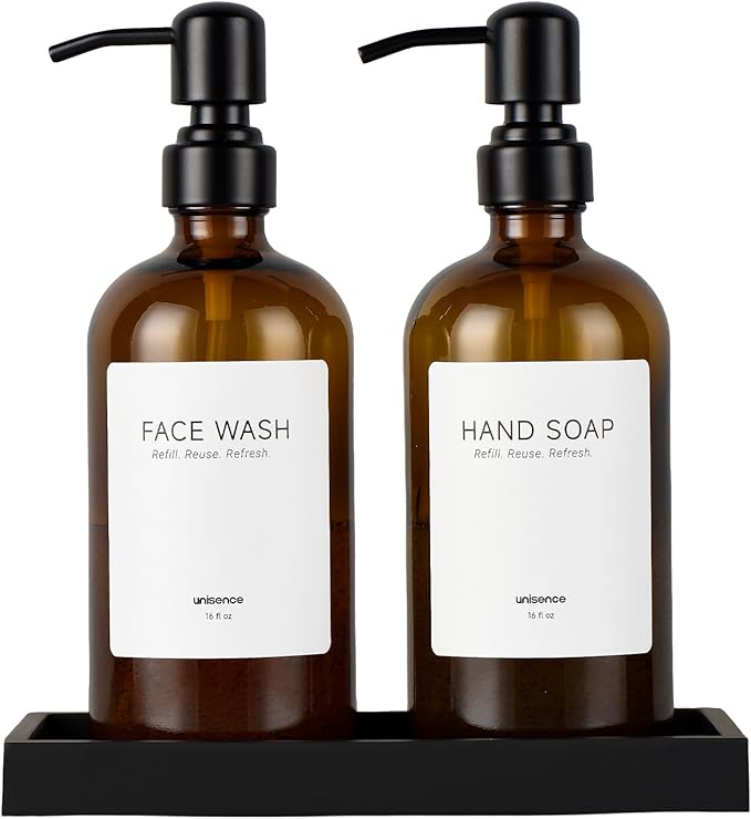Glass Soap Dispenser Set for Kitchen, Hand and Dish Soap Dispenser with Stainless Steel Pump & Resin Tray, Rental-Modern Refillable Countertop Soap Dispenser for Kitchen Hotel,Amber