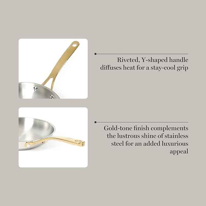 Martha Stewart Castelle 9.5-Inch Stainless Steel Frying Pan with Gold-Tone Handle – Tri-Ply Encapsulated Bottom, Oven Safe & Induction Safe Skillet for Searing and Sautéing