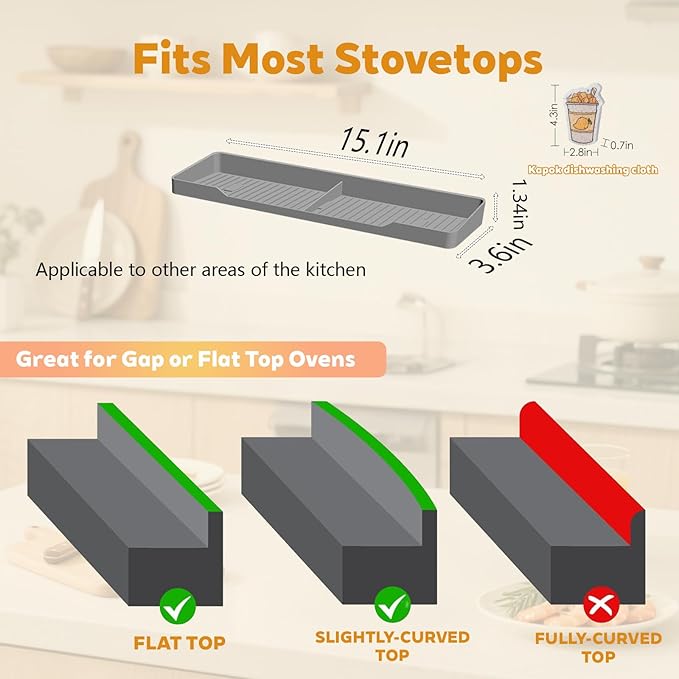 15 Inch Magnetic Silicone Stove Top Shelf, Heat Resistant Spice Rack for Kitchen, Space Saving Organizer with 3 Sticky Pads, Fits Back of Stove (Light Grey, 15" x 3.8")