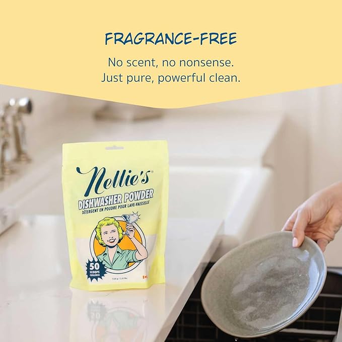 Nellie's Dishwasher Powder - 50 Load - Plant-Based Dishwasher Detergent - Septic Safe, Fragrance-Free - Easily Penetrates Grease & Food Particles - Phosphate-Free - (Made in Canada)