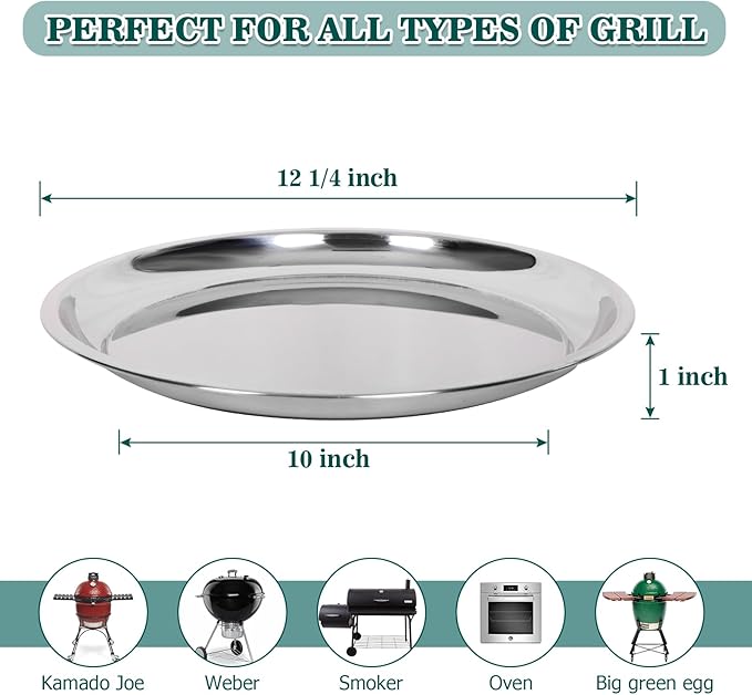 Vankey 12 in Stainless Steel Pizza Pan Perfect for Big Size Green Egg, Kamado Joe, Weber & Acorn Grills & Smokers, Kitchenware Round Roaster Pan, Stainless Steel Drip Pan Reusable & Easy Clean