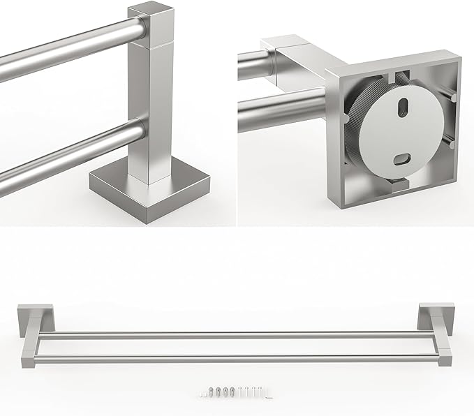 RUACQ Double Towel Bar, 24 Inch Towel Racks for Bathroom Wall Mounted, 304 Stainless Steel Bath Towel Rod with Square Base(Brushed Nickel)
