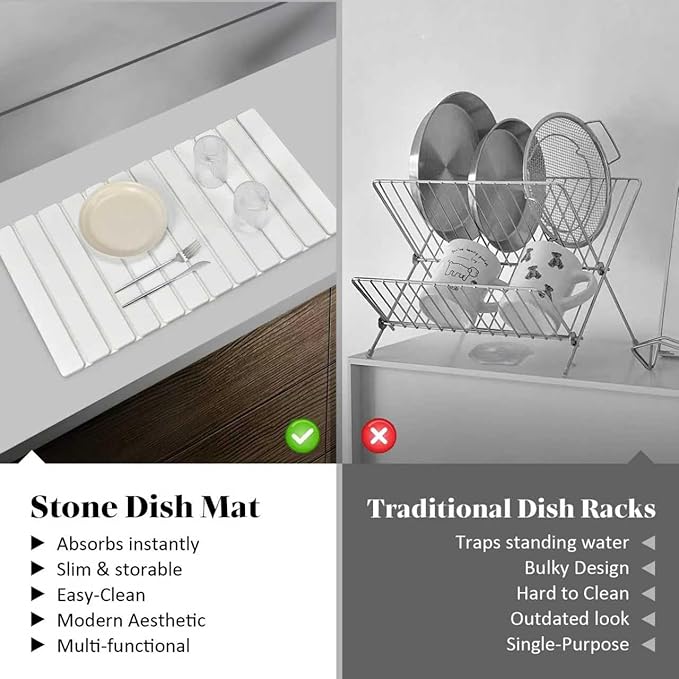 Large Stone Dish Drying Mats for Kitchen Counter, 28"(L)×16"(W), Fast Drying Collapsible Dish Drying Mat, Eco-Friendly Absorbent Diatomaceous Earth Mats for Dishes Bottles, Match Any Countertop