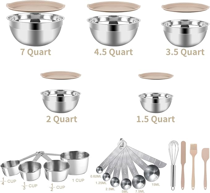 WEPSEN Mixing Bowls Set, 25PCS Khaki Mixing Bowls With Lids Set Stainless Steel Kitchen Large Nesting Metal Bowl 7QT to 1.5QT, Measuring Cups and Spoons for Prepping Cooking Serving