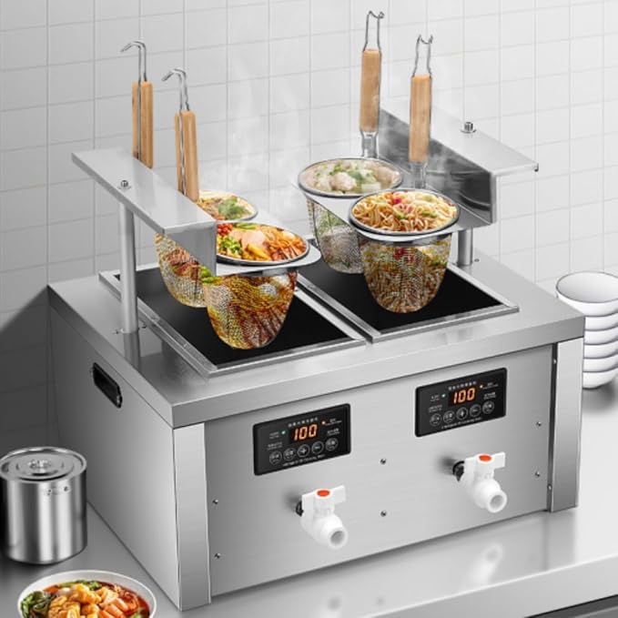 Auto-lift Commercial Pasta Cooker with Timer, Noodle Cooking Machine with 2 Drainage,Macaroni Vegetable Dumpling Cooker,Boiler For Spaghetti Ramen,Temperature Adjustable (4 holes)